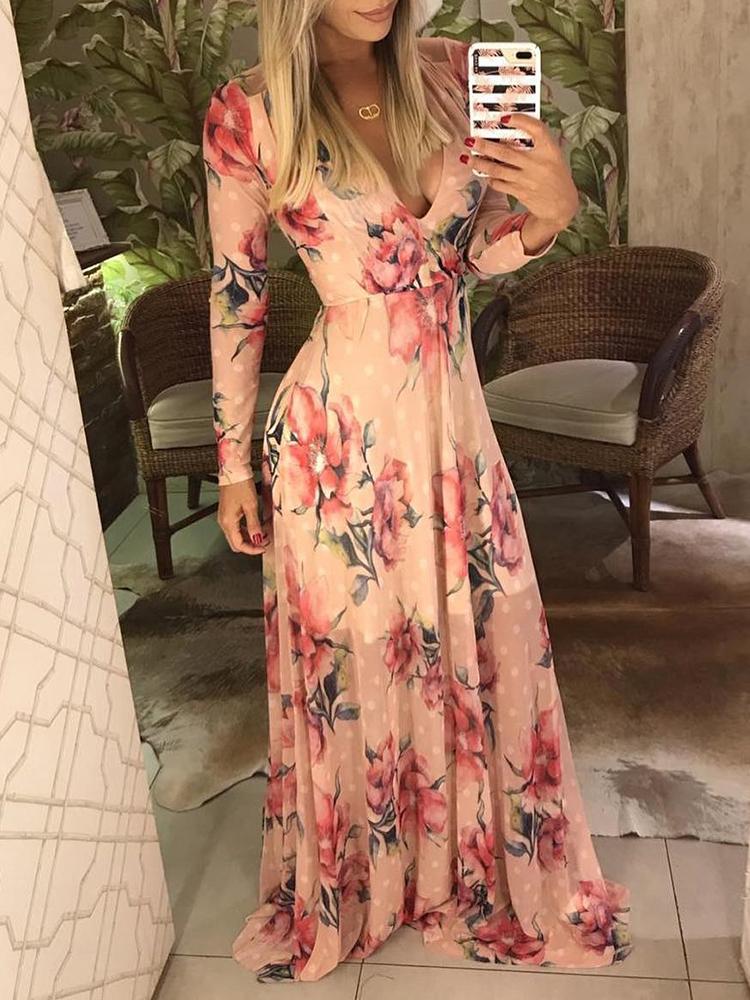 

Floral Print Deep V-Neck Maxi Dress