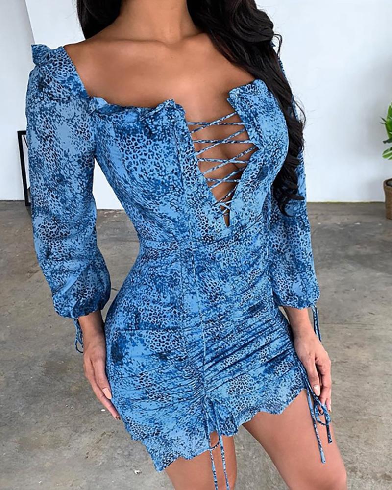 

Cheetah Tie Dye Print Lace-up Ruched Bodycon Dress, Dark blue