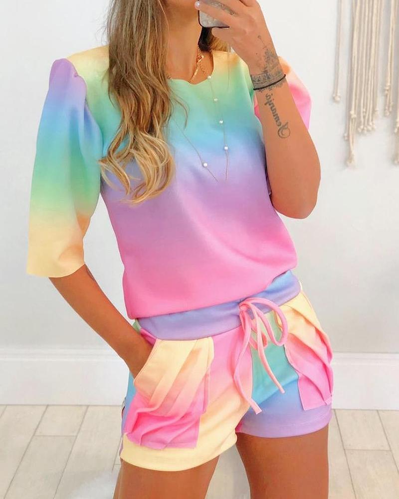 

Gradient Color Top & Drawstring Pocket Design Shorts Set, Multicolor
