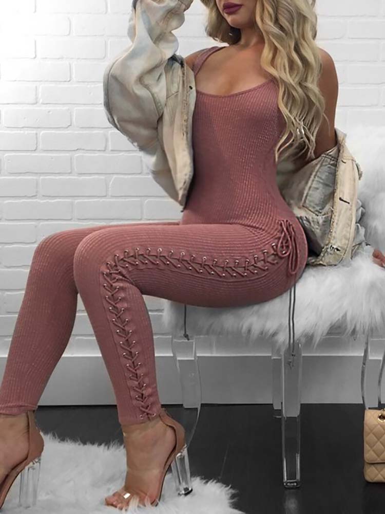 

Sexy Scoop Neck Side Lace-Up Crisscross Jumpsuit, Pink;green;black