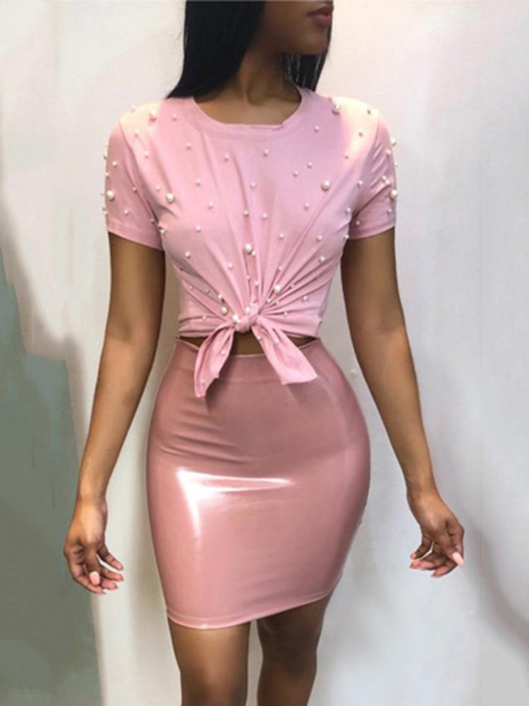 

Solid Beading Knotted Tee & PU Skirt Sets