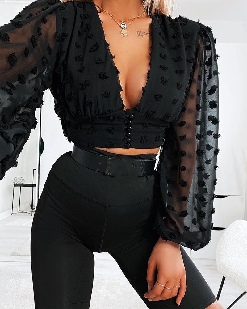 

V Neck Mesh Sleeve Crop Top, Black