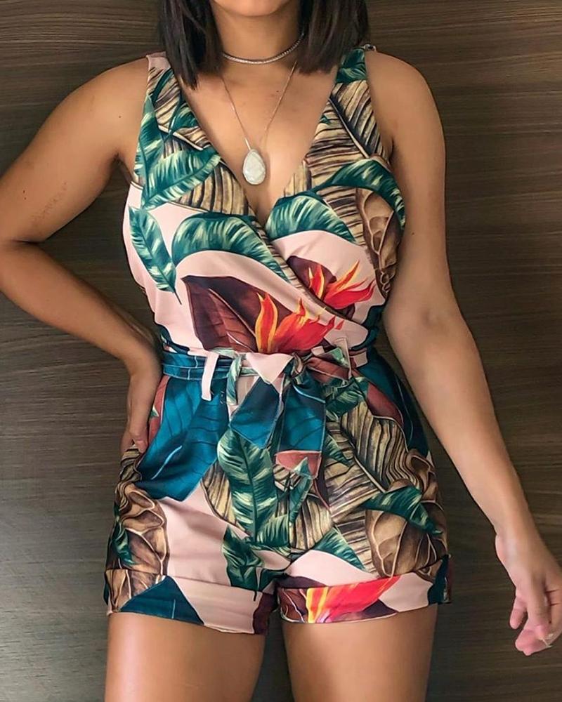 

V Neck Plant Print Knotted Romper, Multicolor