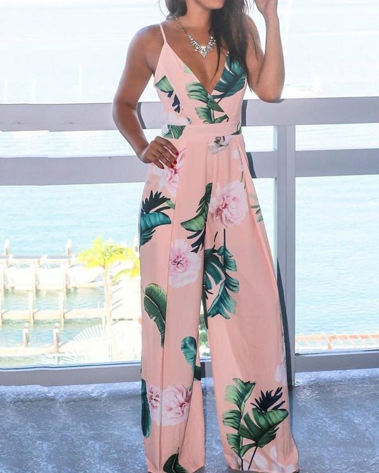

Tropical Print V Neck Wide Leg Jumpsuit, Pink