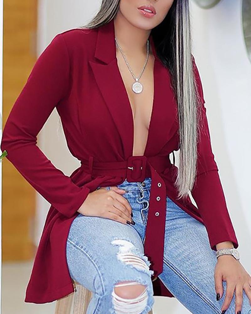 

Solid Open Front Belted Blazer