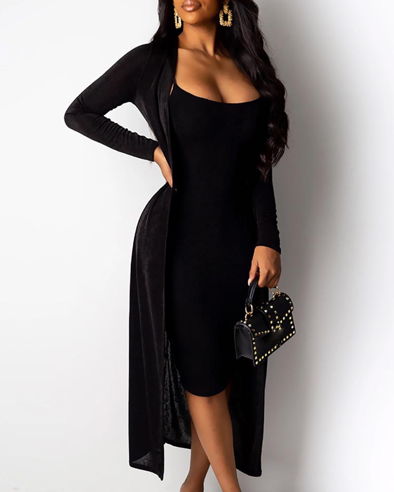 

Solid Spaghetti Strap Bodycon Dress & Casual Longline Coat Sets, Black