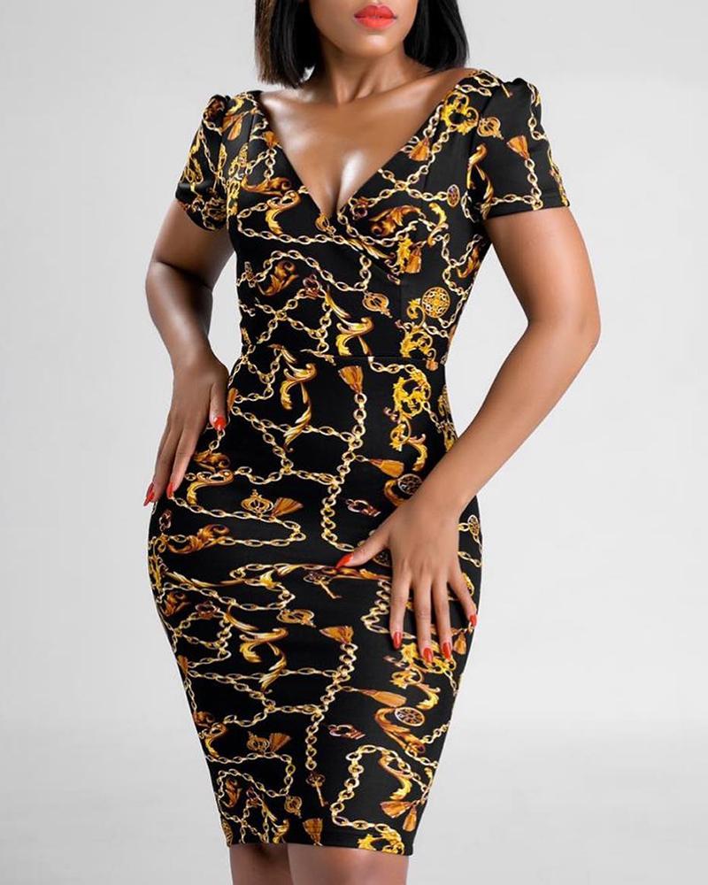 

Retro Chain Print V Neck Bodycon Dress