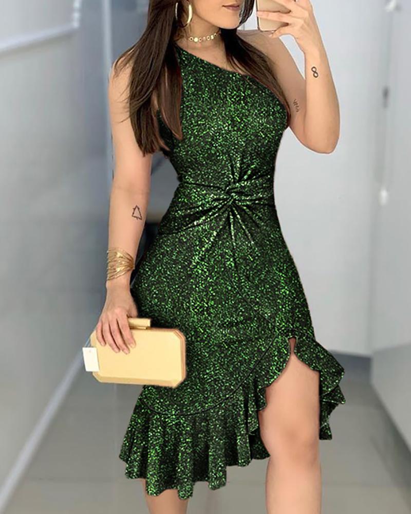 

Glitter One Shoulder Twisted Ruffled Dress, Green