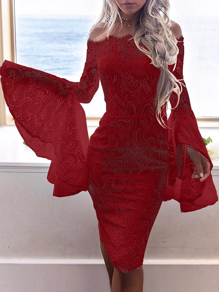 

Off Shoulder Flared Sleeve Lace Bodycon Dress, Wine red