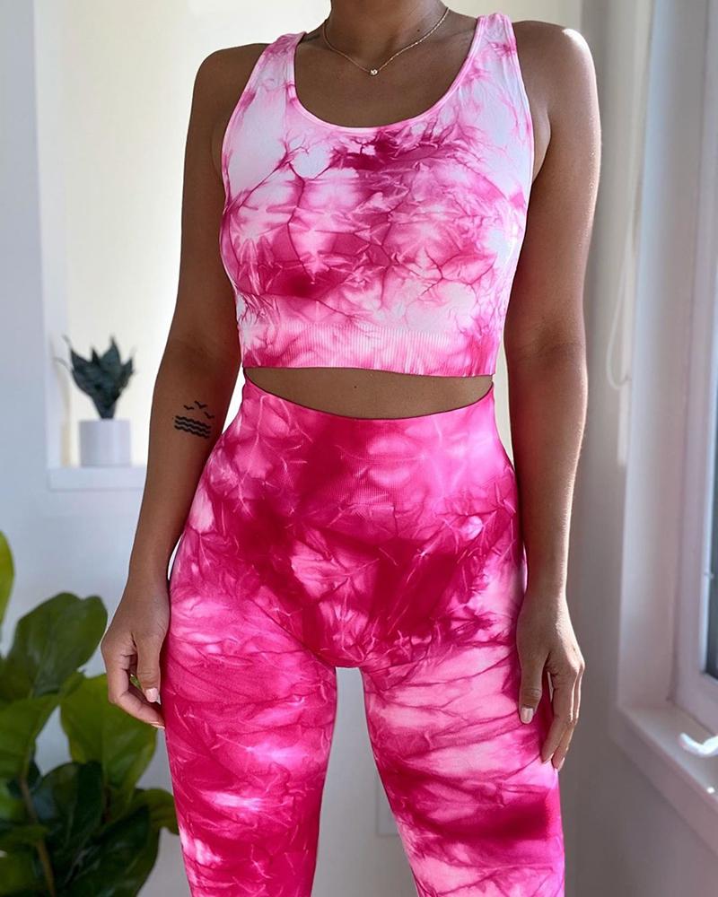 

Tie Dye Print Casual Tank Top & Fitted Shorts Set, Hot pink