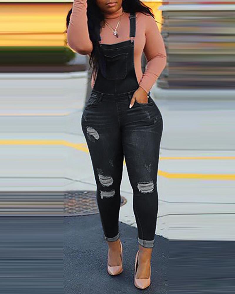 

Ripped Plain Skinny Suspender Jeans, Black