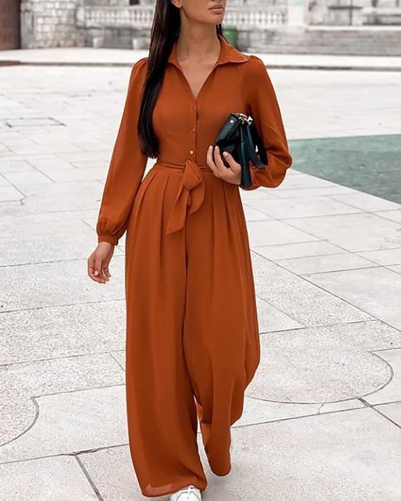 

Solid Bottoned Long Sleeve Jumpsuit, Khaki
