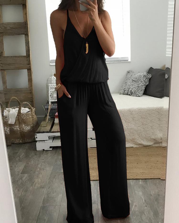 

Low Cut Ruched Elastic Waist Wide Leg Wrap Jumpsuit, Black