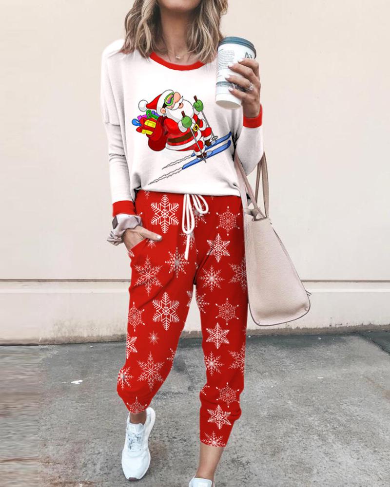 

Christmas Gnomes Svg Print Top & Snowflake Print Pants Set, Red