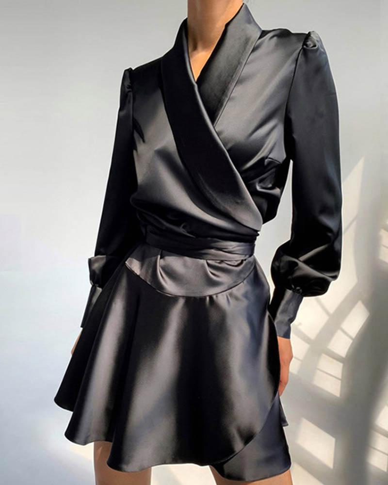 

Ruffles Tied Detail Satin Long Sleeve Dress, Black