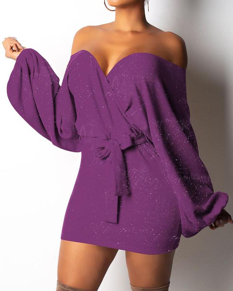 

Shiny Off Shoulder Lantern Sleeve Bodycon Dress, Purple