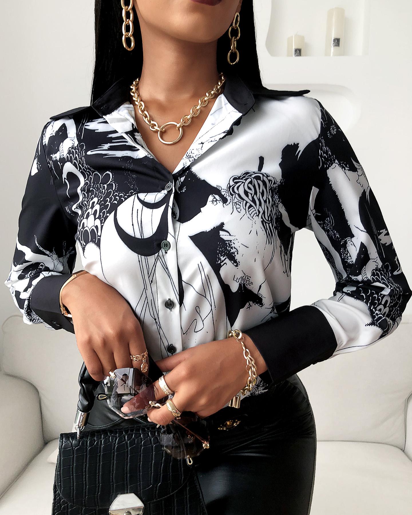 

Mixed Print Colrblock Long Sleeve Satin Shirt, Black