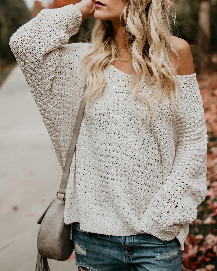 

Reversible Wide Neck Knitted Casual Sweater - White
