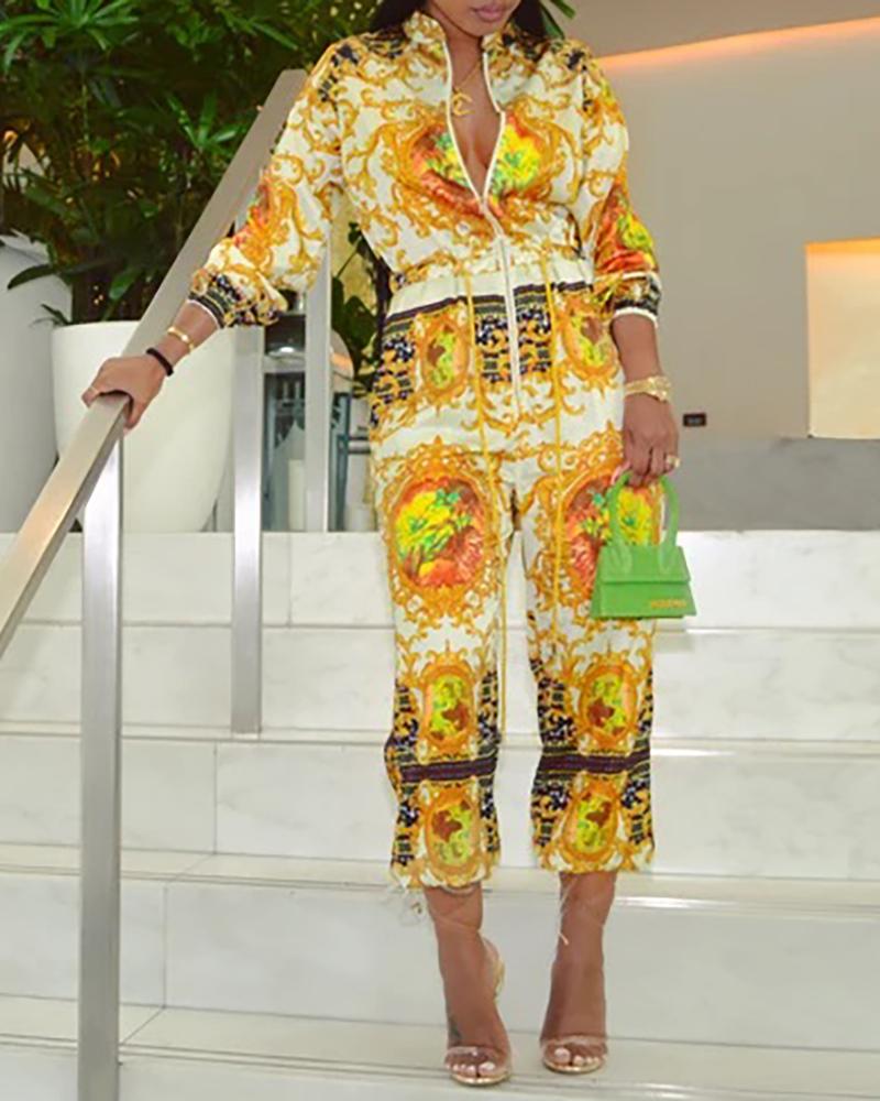 

Stand Collar Retro Print Lantern Sleeve Drawstring Jumpsuit