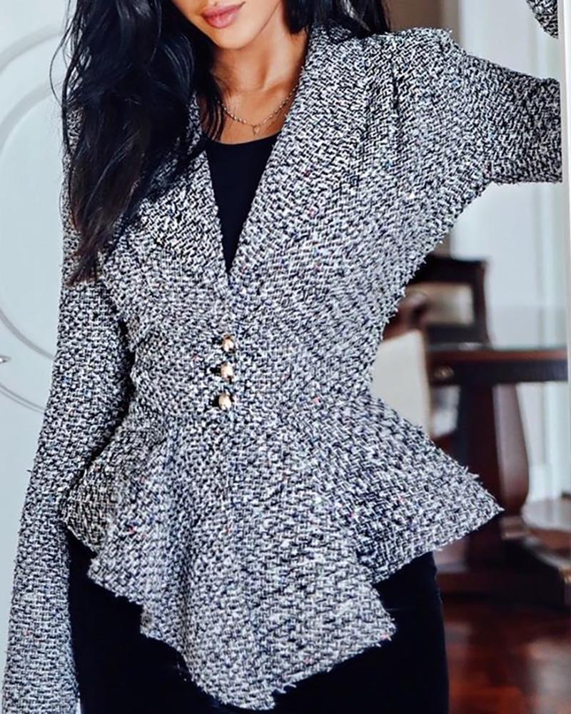 

Notched Collar Long Sleeve Buttoned Ruffles Coat, Gray
