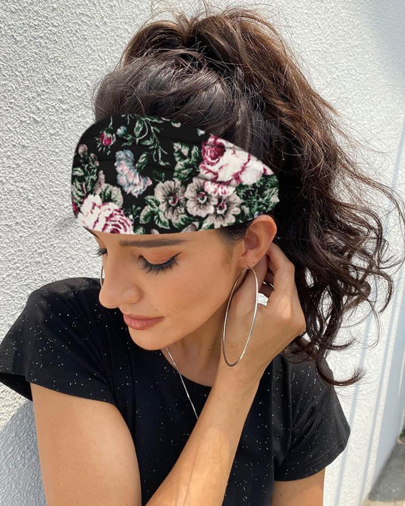 

Floral Print Yoga Running Headwraps Hair Band, Black
