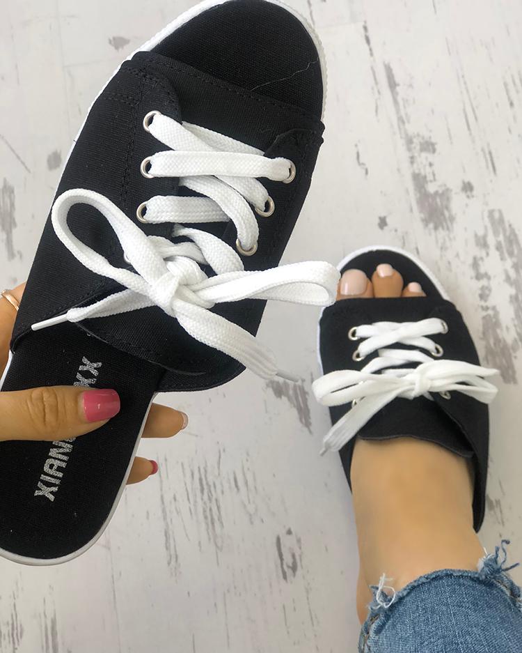 

Lace-Up Open Toe Platform Slipper, Black