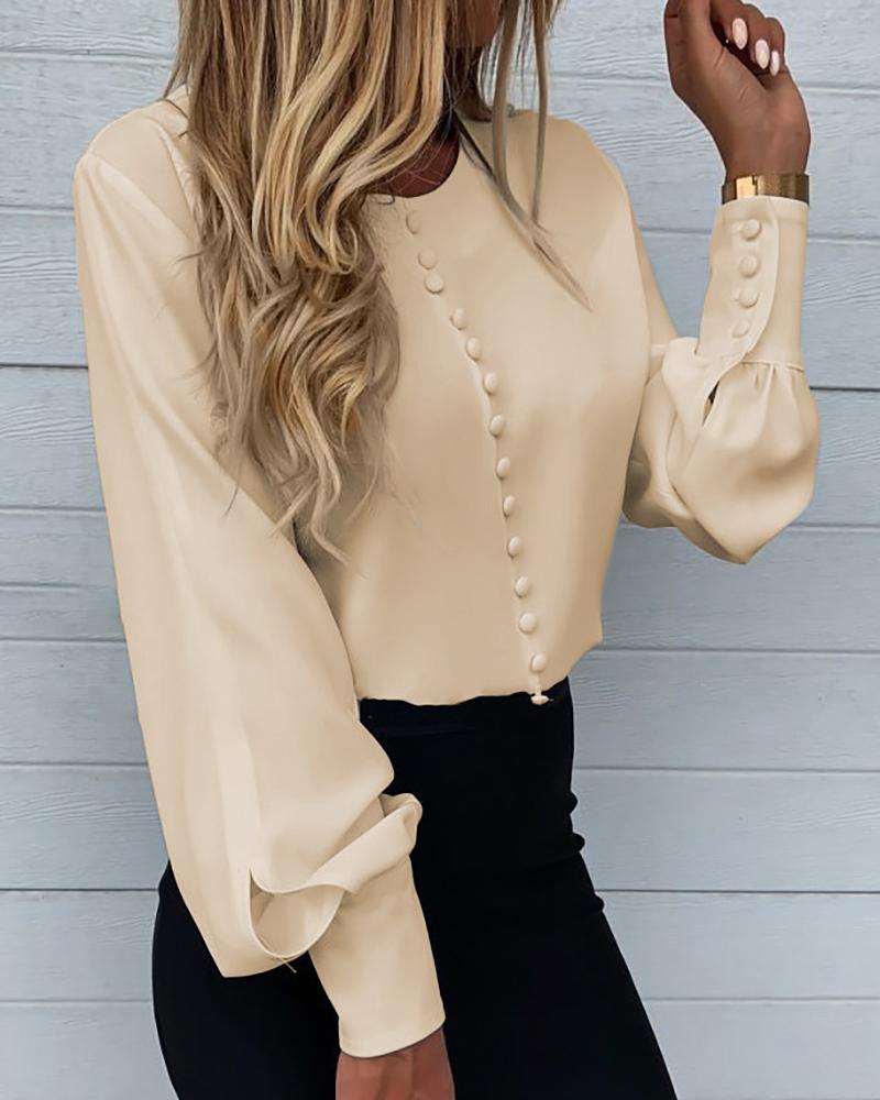 

Plain Button Design Lantern Sleeve Shirt, Apricot