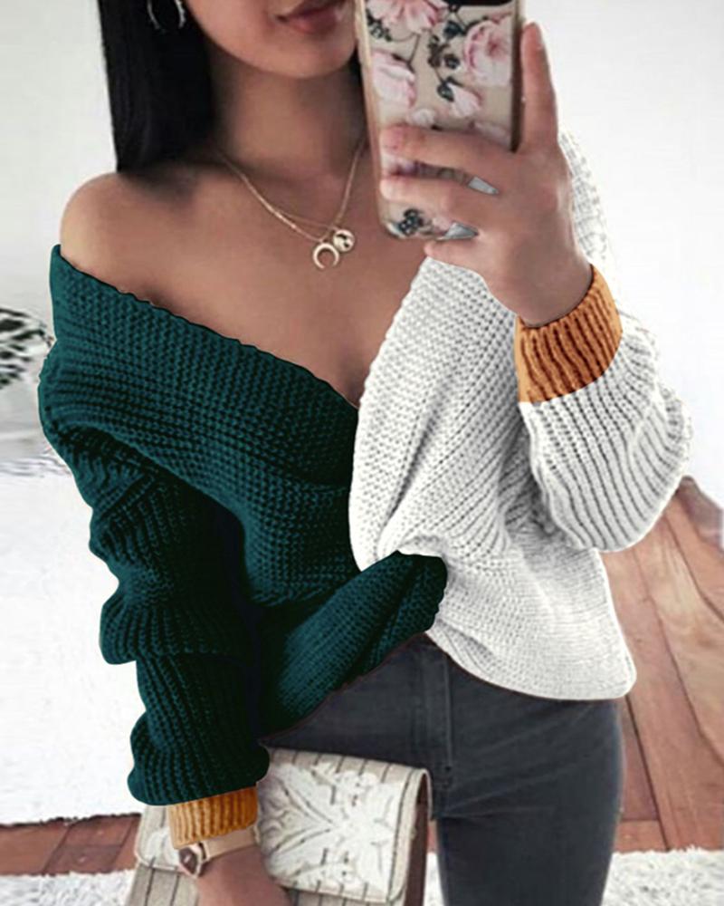 

Colorblock Twisted Long Sleeve Knit Sweater, Green