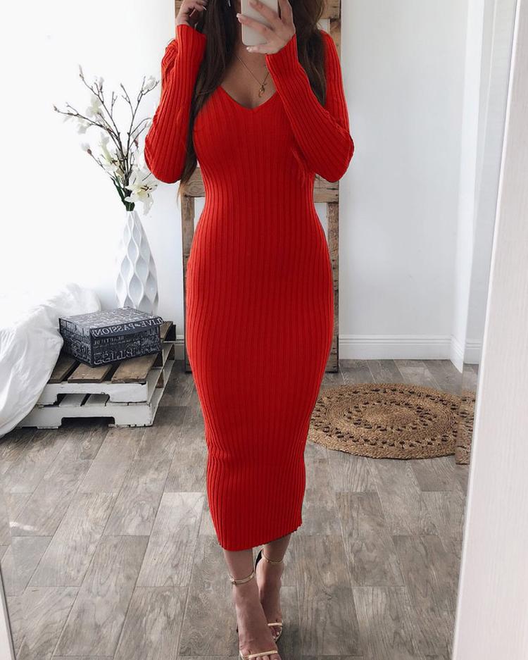 

Solid Double V Long Sleeve Bodycon Dress, Red