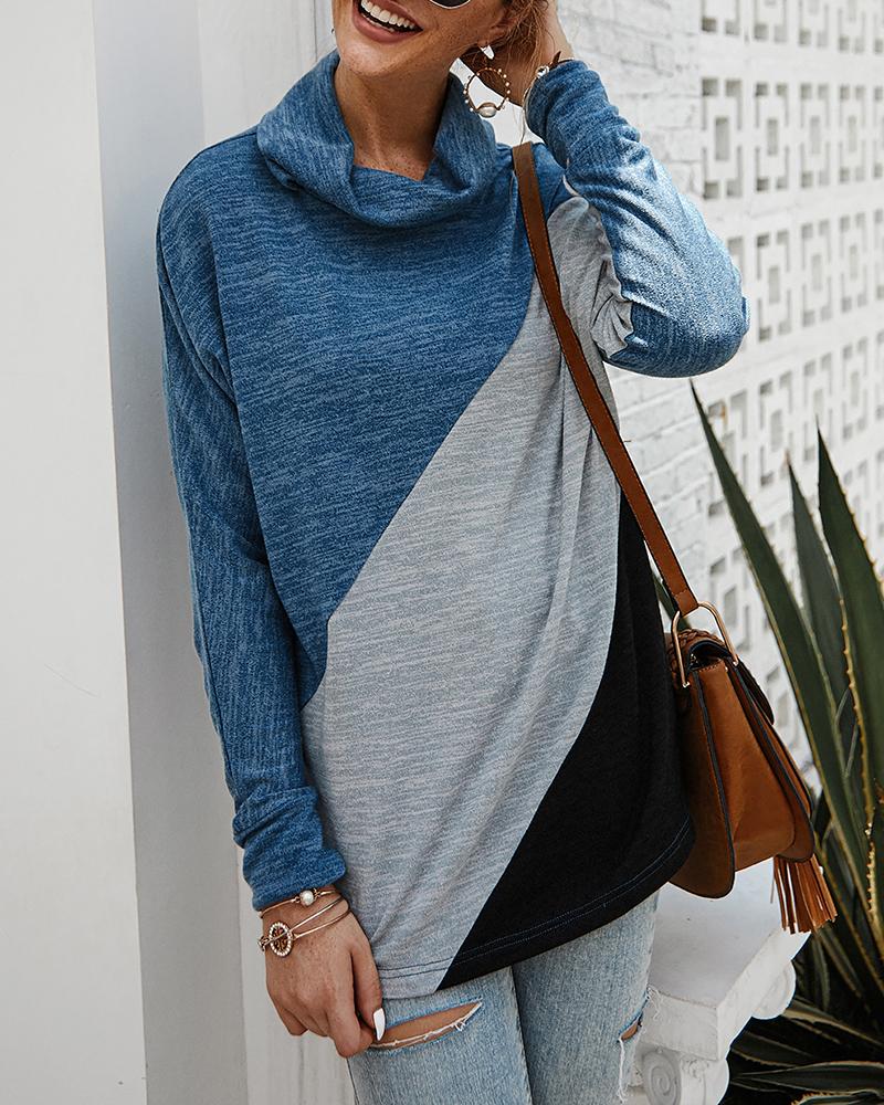 

Colorblock Long Sleeve Casual Blouse, Blue