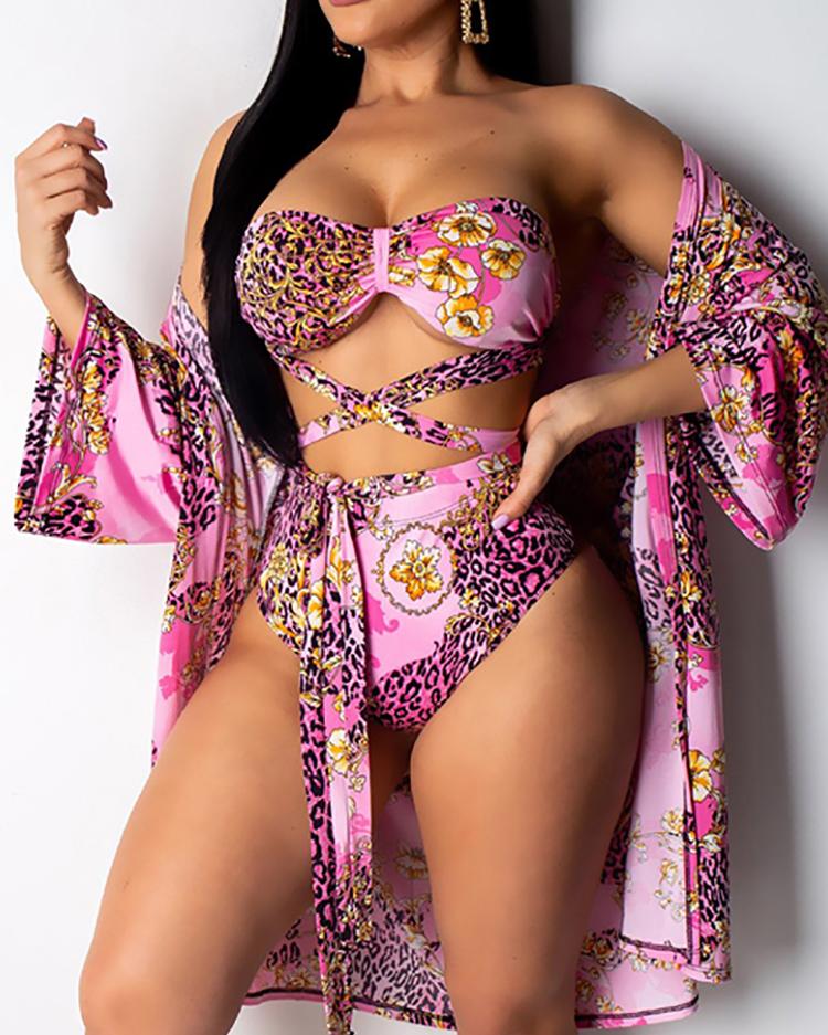 

Leopard Print Crisscross Three-piece Swimsuit, Multicolor