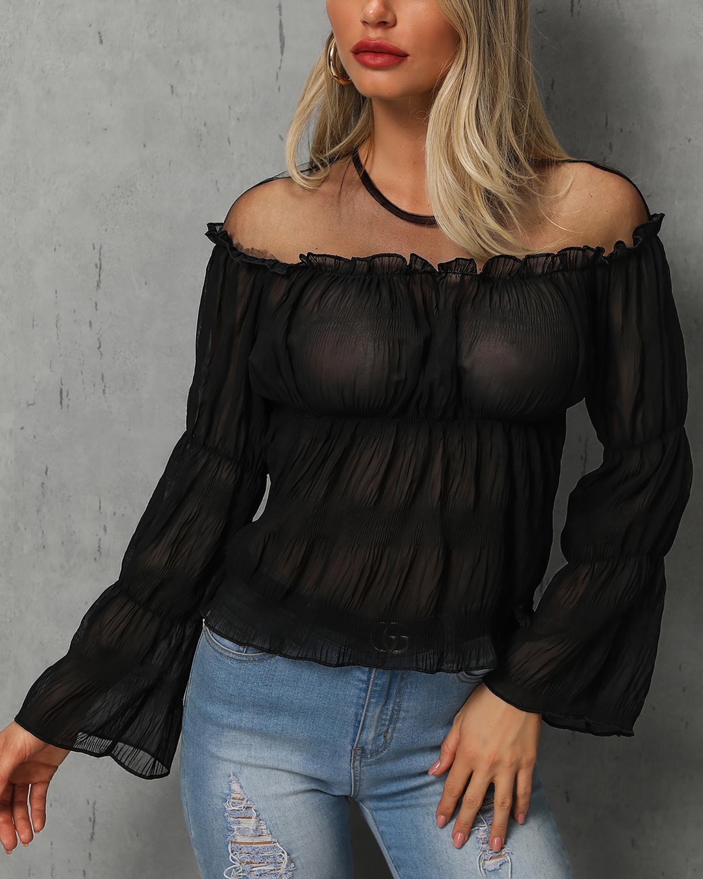 

Off Shoulder Frill Hem Bell Sleeve Blouse, Black