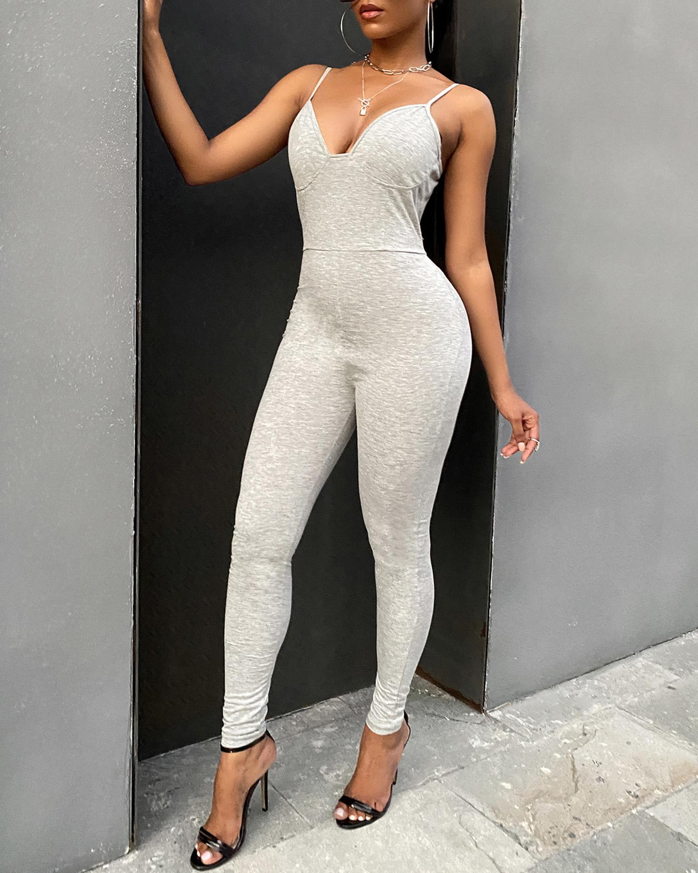

Plain Spaghetti Strap Plunge Jumpsuit, Gray