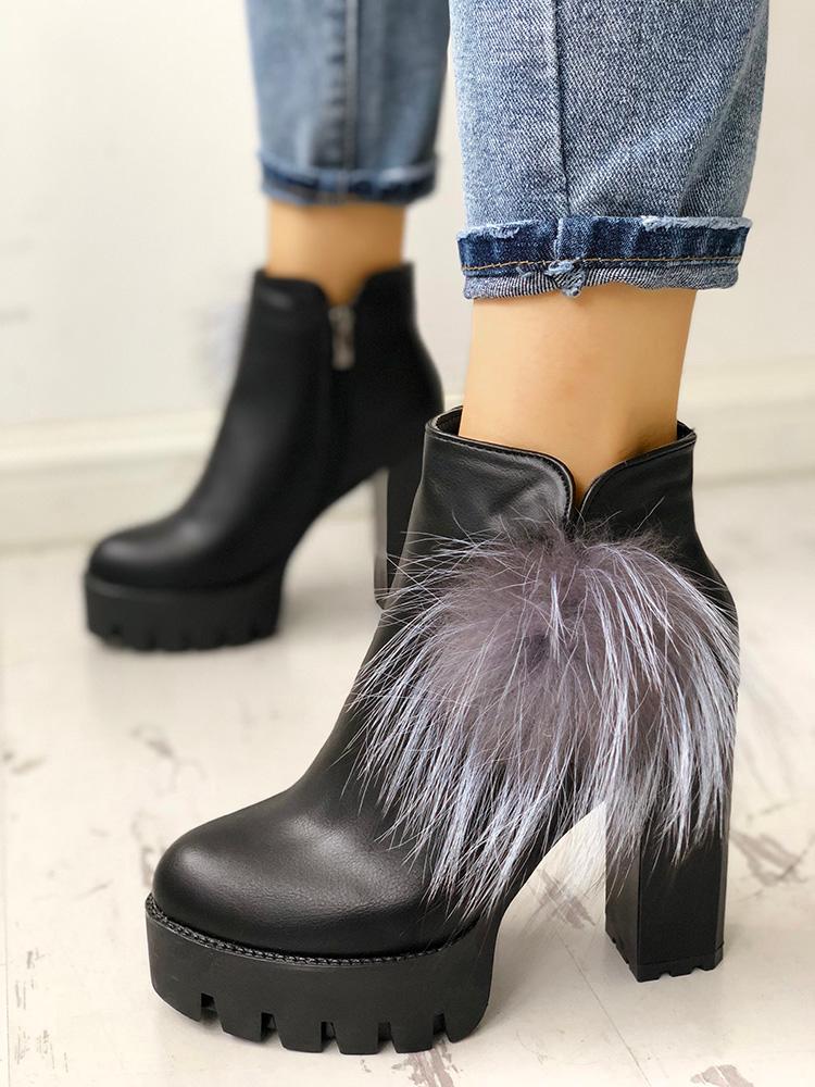 

Fluffy Details Platform Chunky Heeled Boots, Black