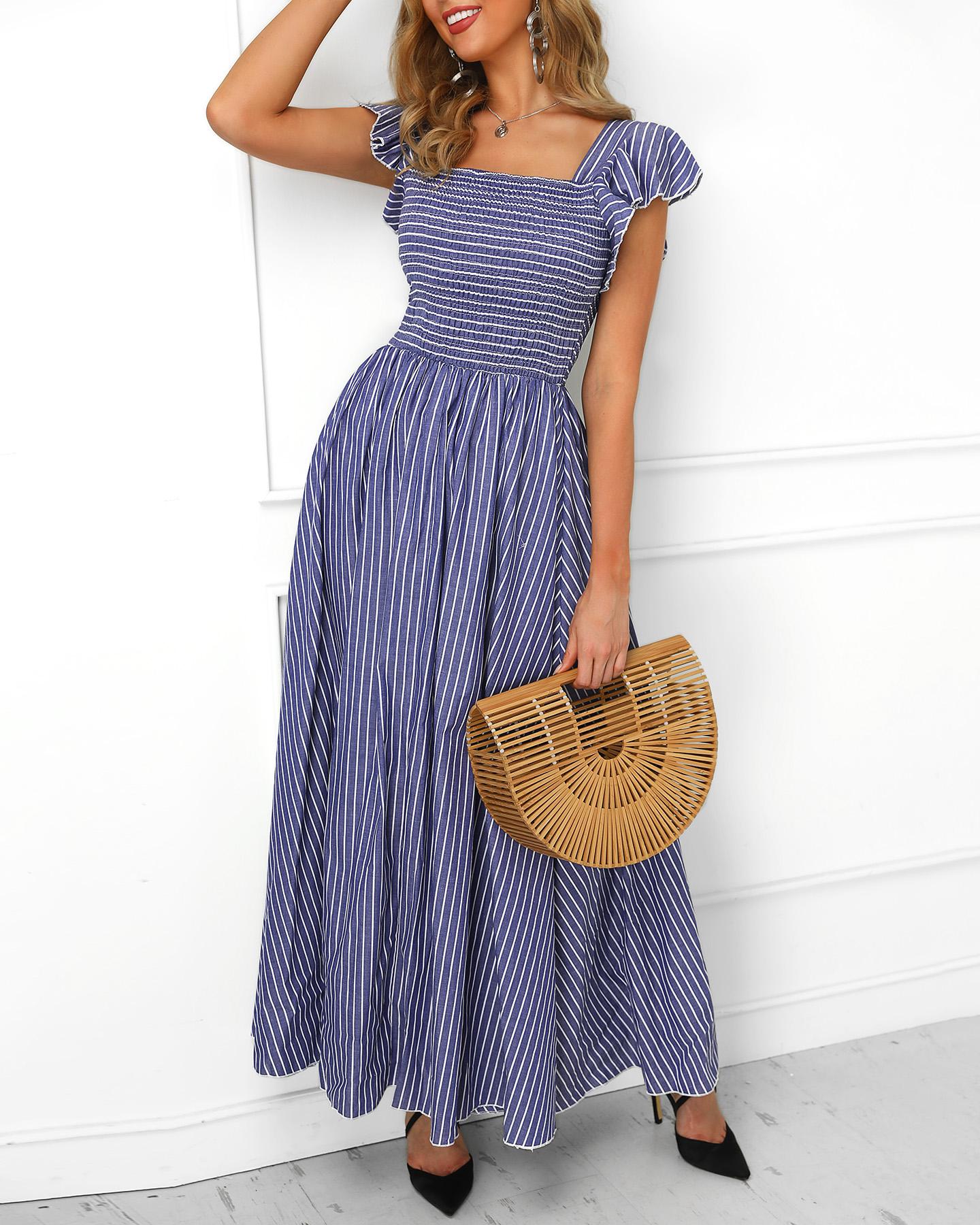 

Striped Flutter Sleeve Shirring Maxi Dress, Sky blue