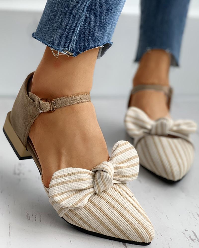 

Colorblock Striped Bowknot Ankel Strap Chunky Heel, Beige