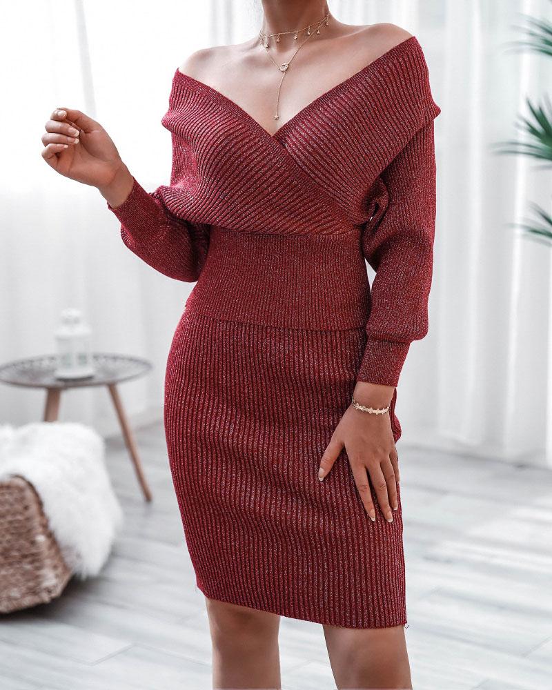 

Glitter Cutout Back Knit Top & High Waist Skirt Set, Wine red