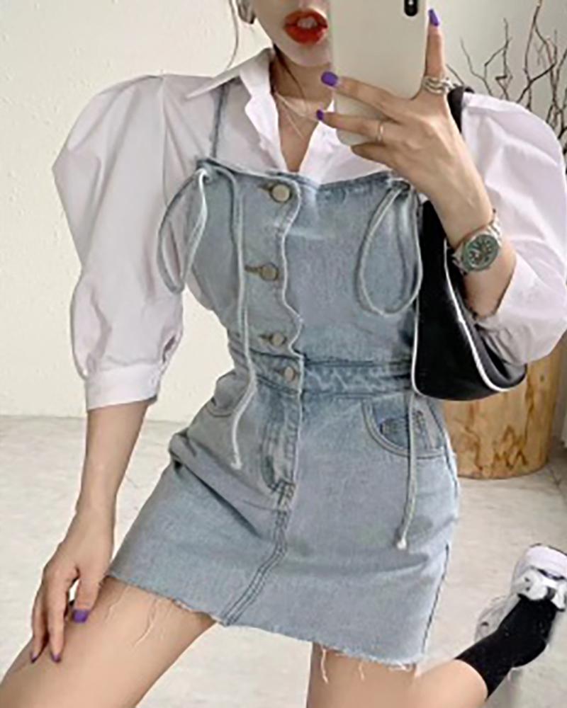 

Button Design Denim Dress & Puff Sleeve Shirt Set, White