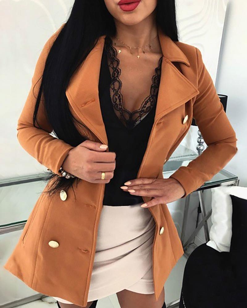 

Solid Notched Collar Double-breasted Wool Blazer, Orange
