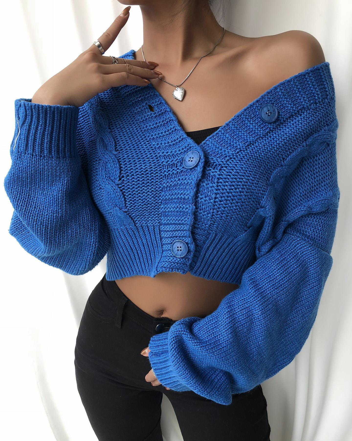 

Plain Cable Knit Button Design Crop Cardigan, Blue