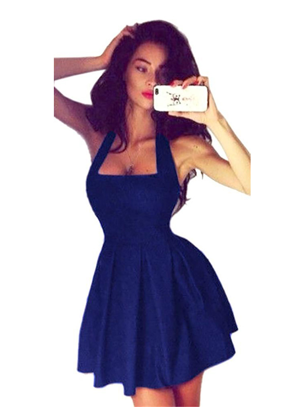 

Fashion Women Summer Sleeveless Solid Ball Gown Pleated Sexy Evening Dress Clubwear, Blue;black