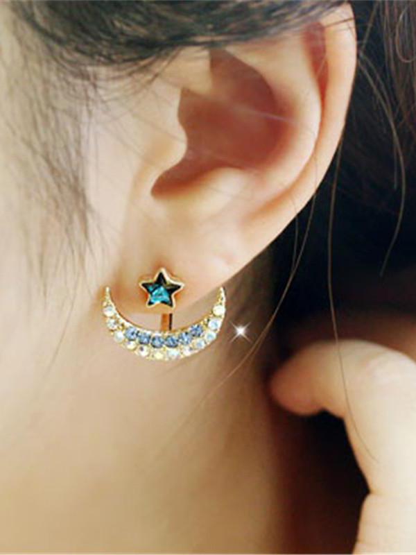 

Women Lovely Women's Front & Back Rhinestone Star Moon Earrings Stud, Blue