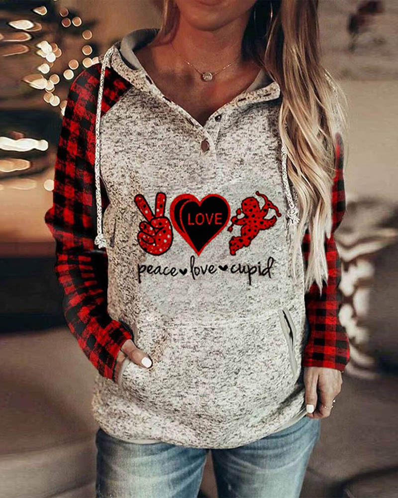 

Letter Heart Print Plaid Sleeve Hooded Top, Gray