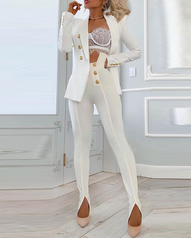 

Button Design Long Sleeve Blazer Coat & Slit Pants Set, White