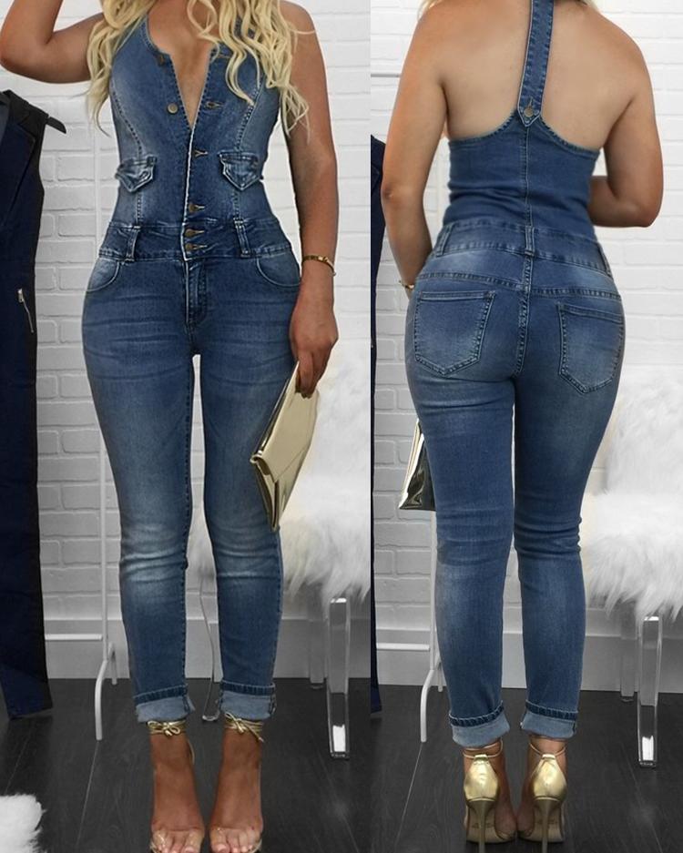 

V Neck Skinny Denim Sleeveless Jumpsuits, Blue