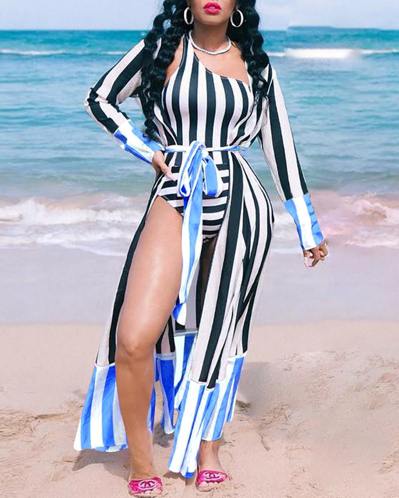 

Contrast Striped One Piece Swimwear With Cover Up, Blue