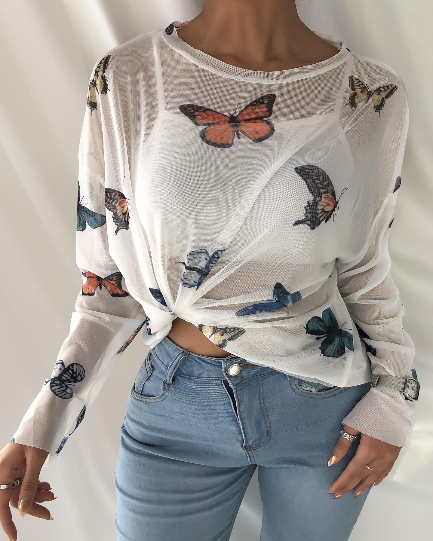 

Butterfly Print Sheer Mesh Top, White