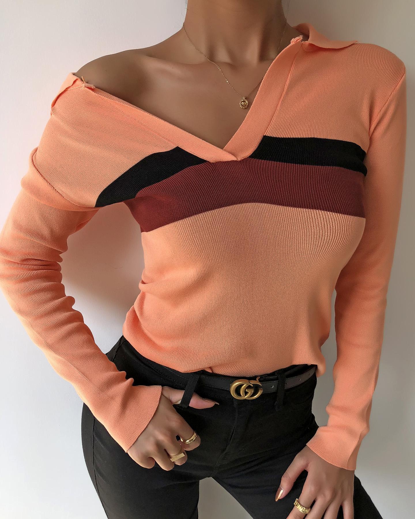 

Colorblock Knit Long Sleeve Casual Top, Brown