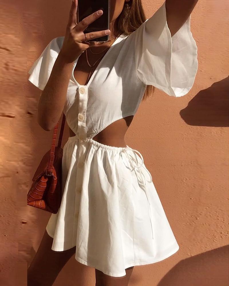

Solid V-neck Buttoned Cutout Back Dress, White