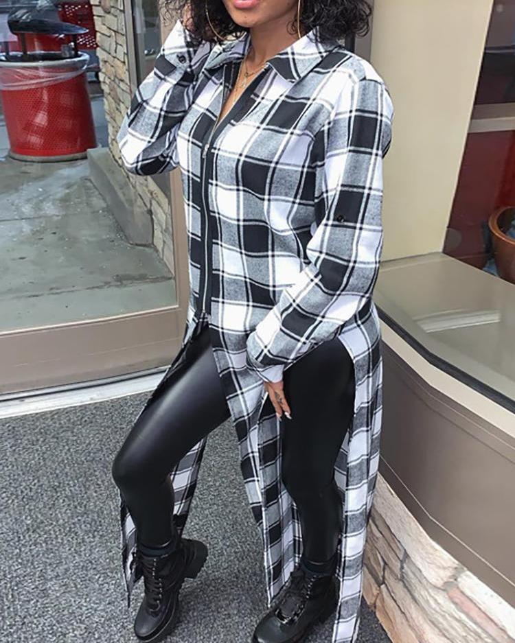 

Plaid Long Sleeve Slit Long Shirt, Black